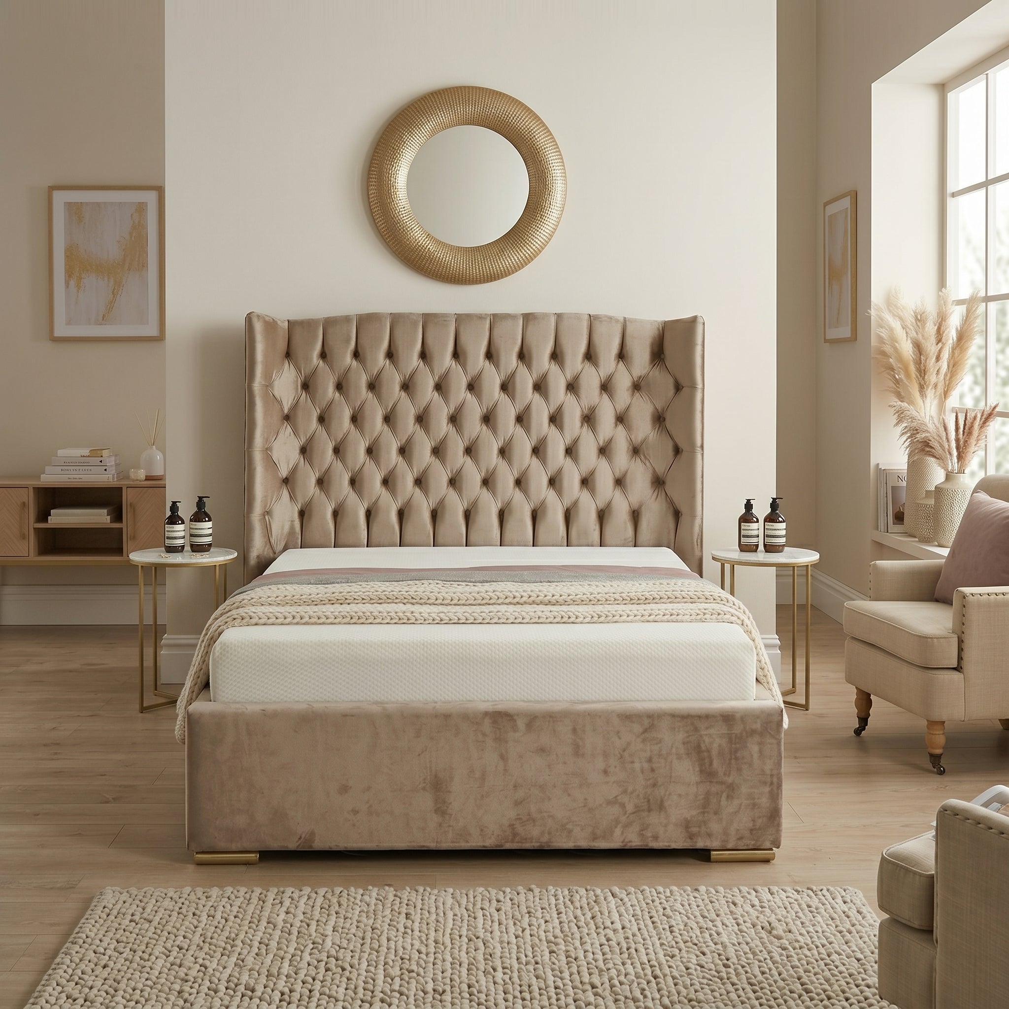 Orchid Upholstered Chesterfield Wing Bed Frame