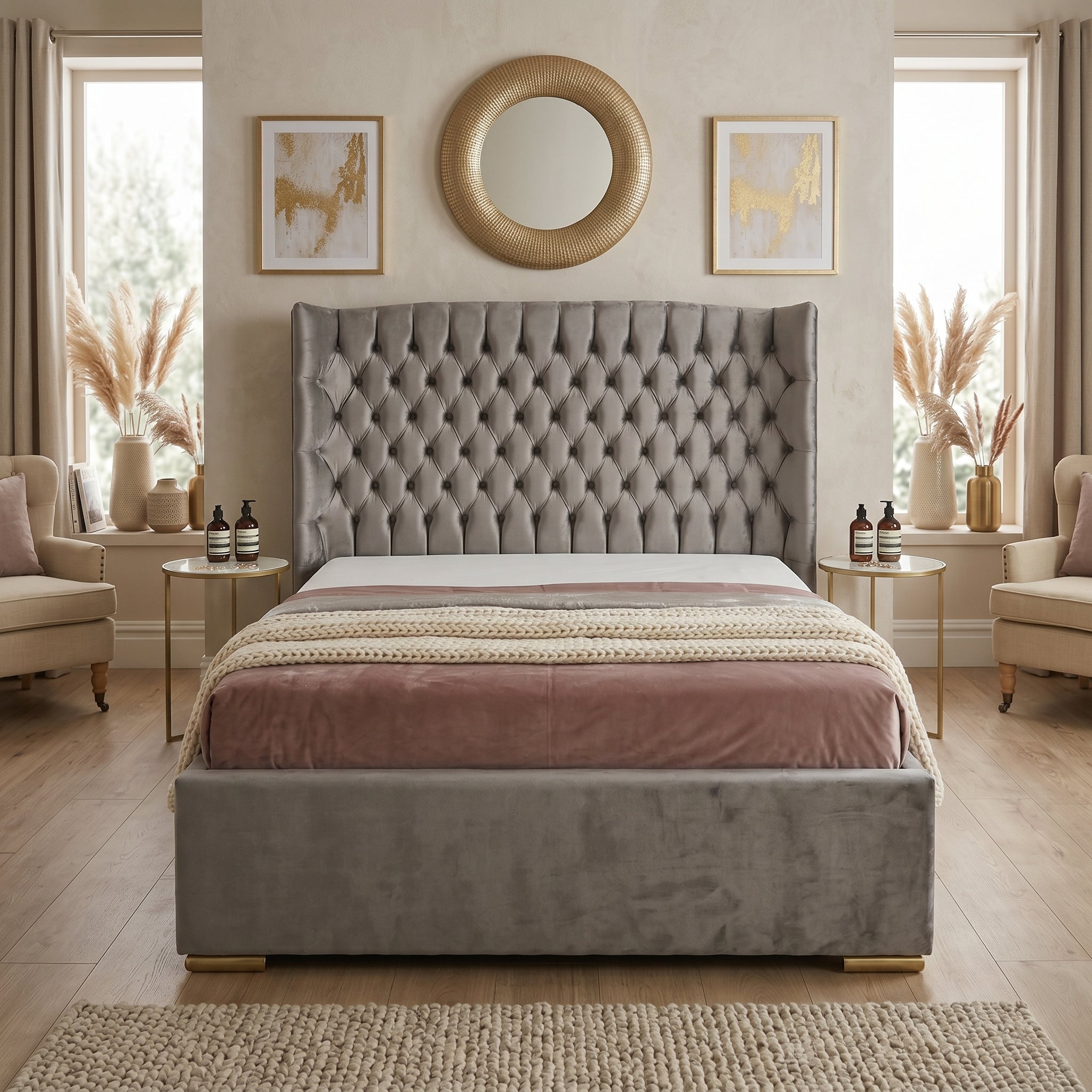 Orchid Upholstered Chesterfield Wing Bed Frame