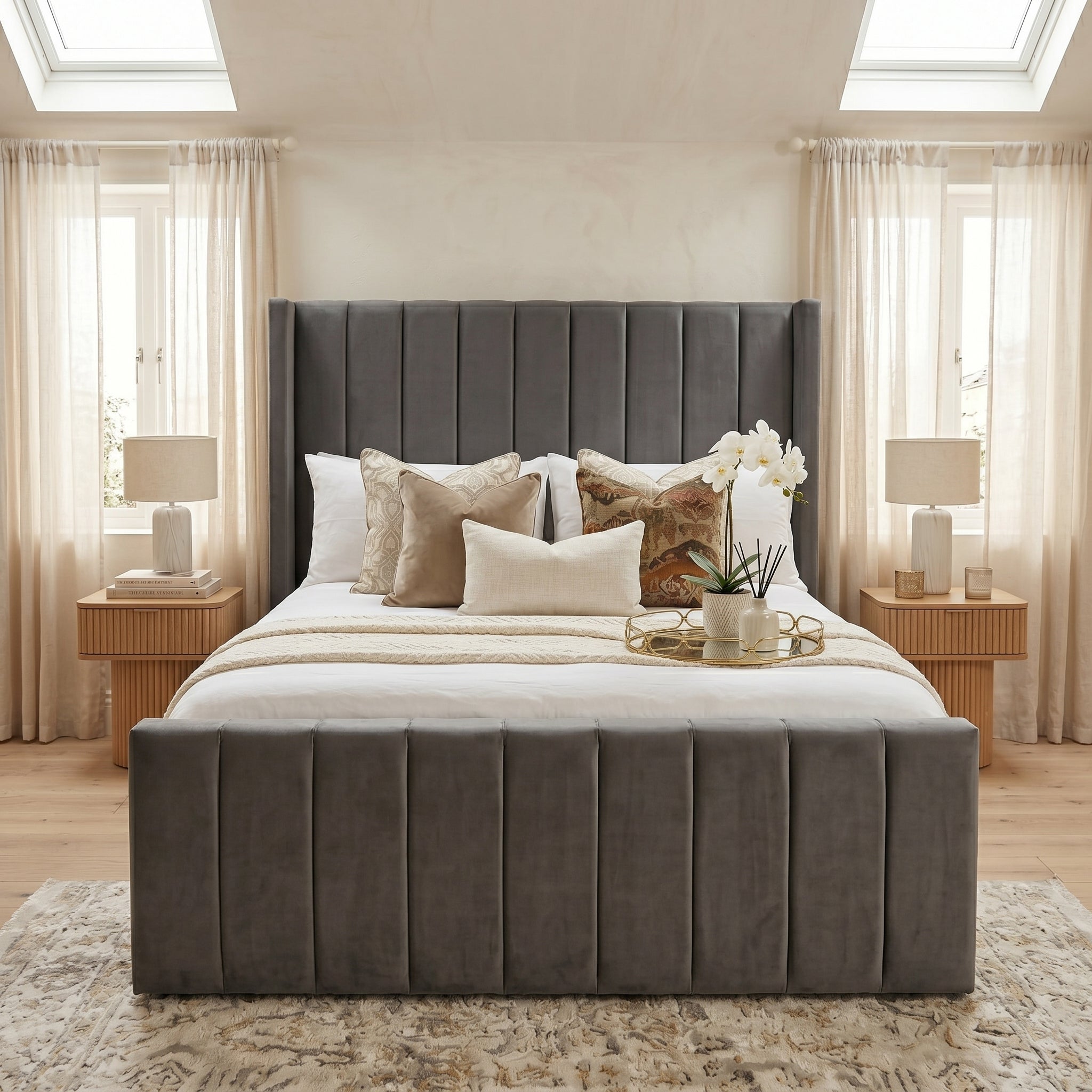 Wingback Line Panel Upholstered Bed Frame