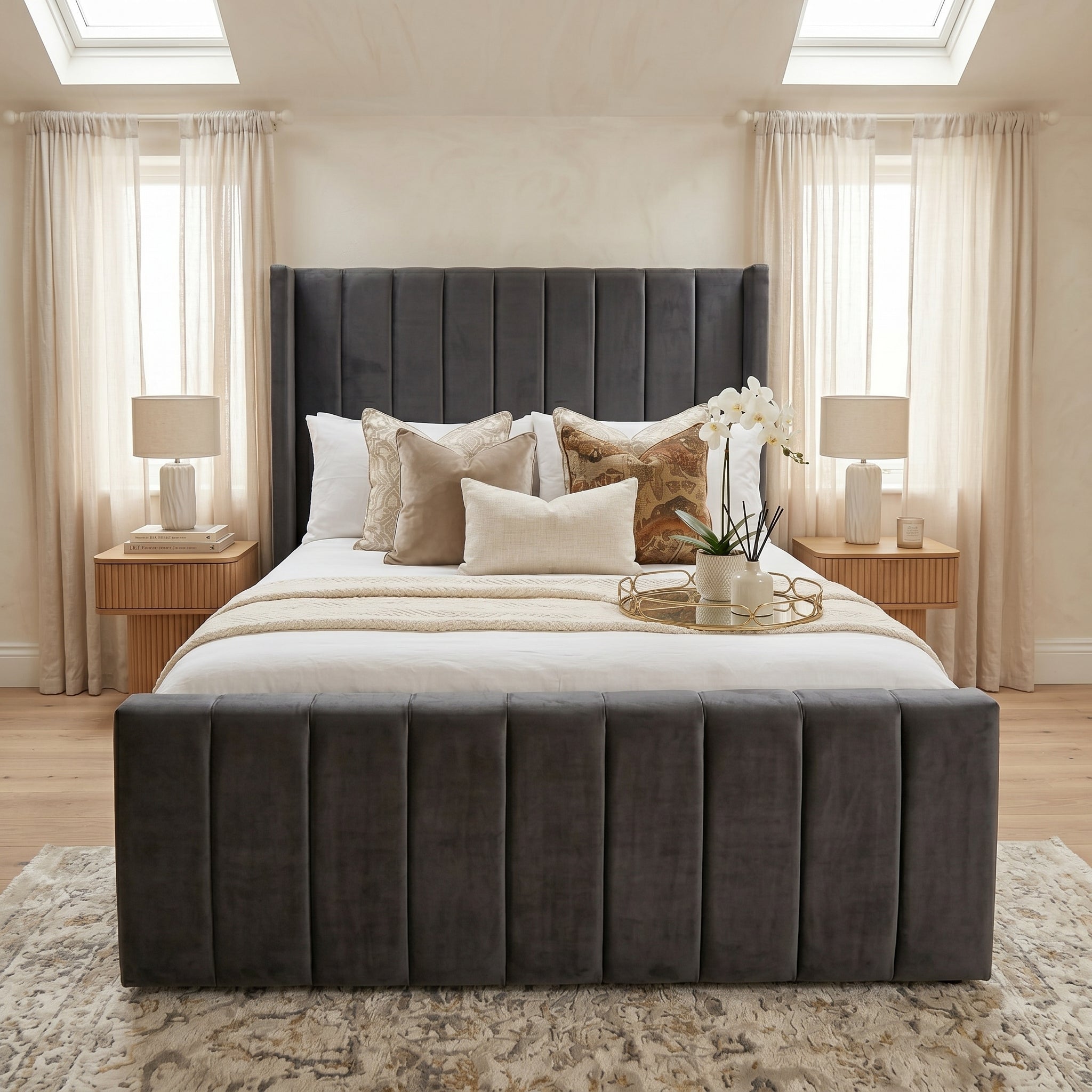 Wingback Line Panel Upholstered Bed Frame