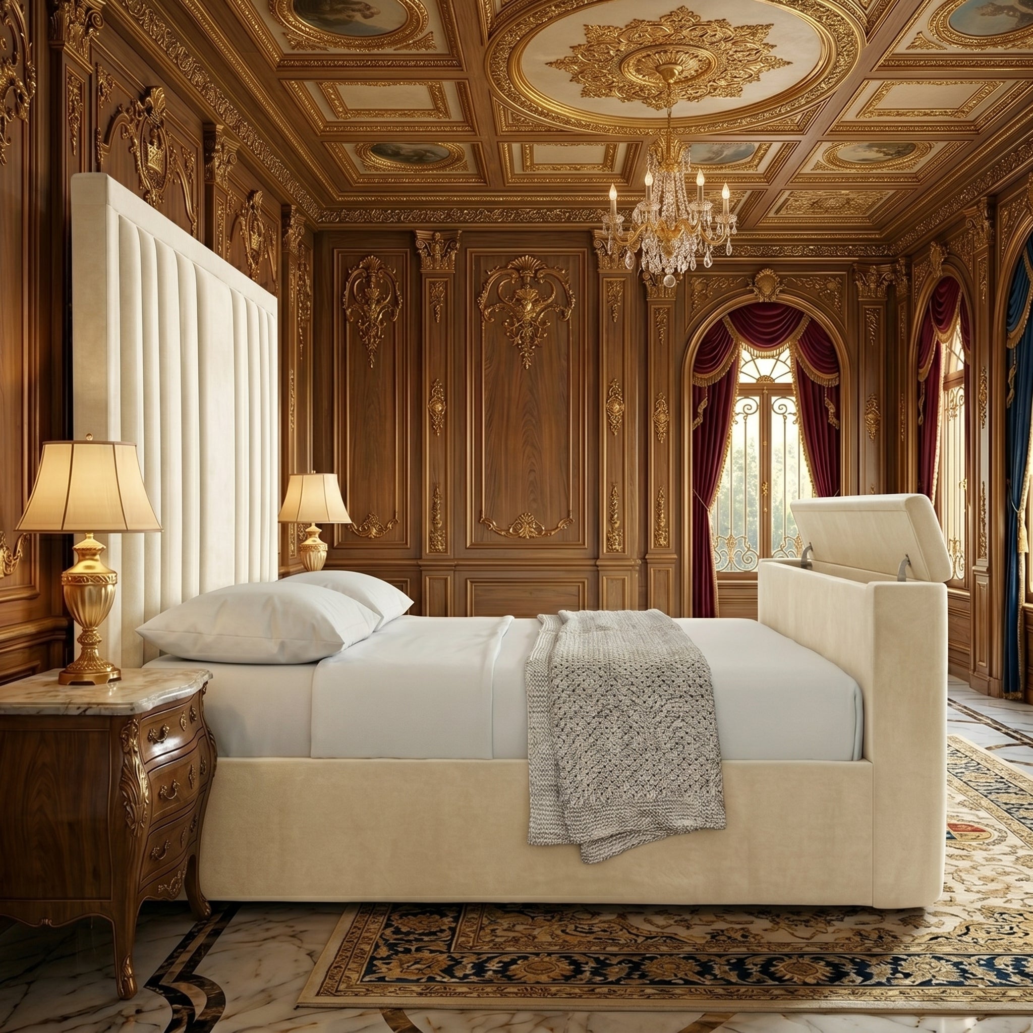 Modern Upholstered Bed with Integrated TV Lift