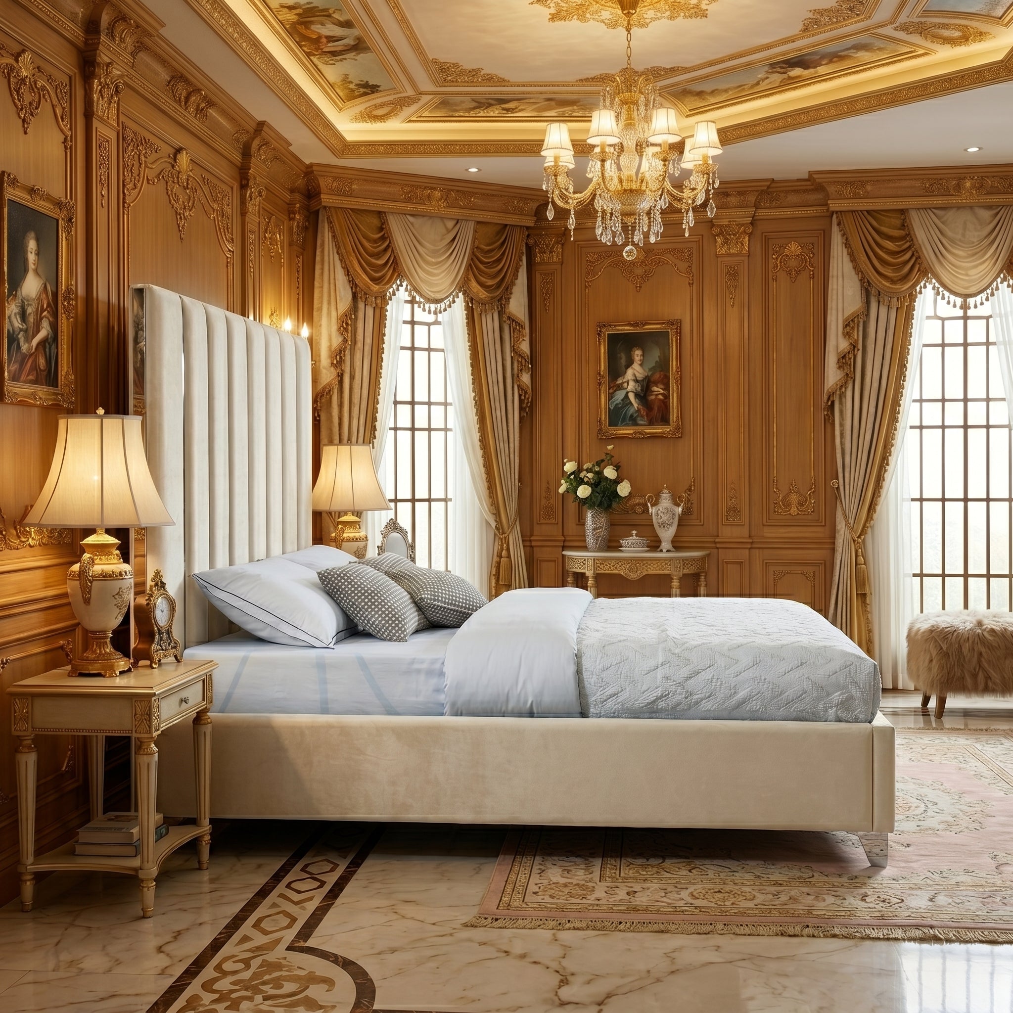 Silver Strip Velvet Upholstered Platform Bed