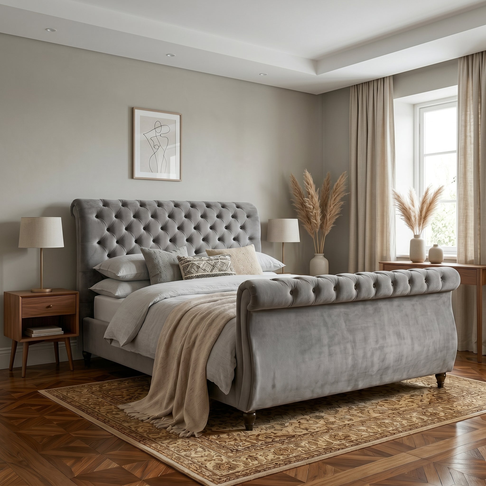 Blue Upholstered Sleigh Bed Frame