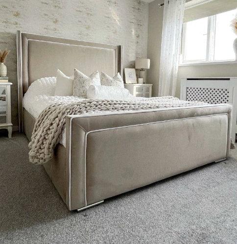 Wing Bed frame Panel Sleigh Bed Frame – wing bed frame with a sleigh design and fabric upholstery.