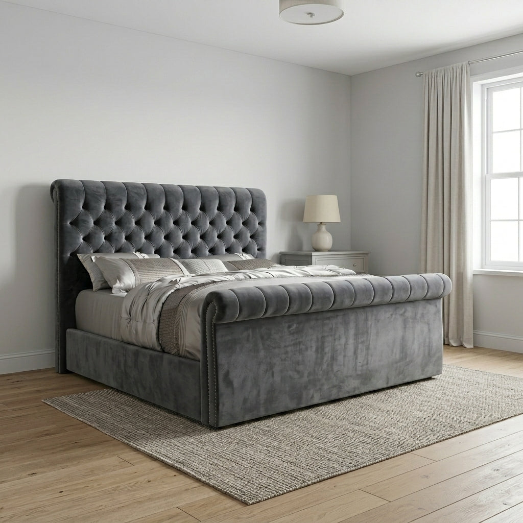 Sleigh Upholstered Grey Bed Frame