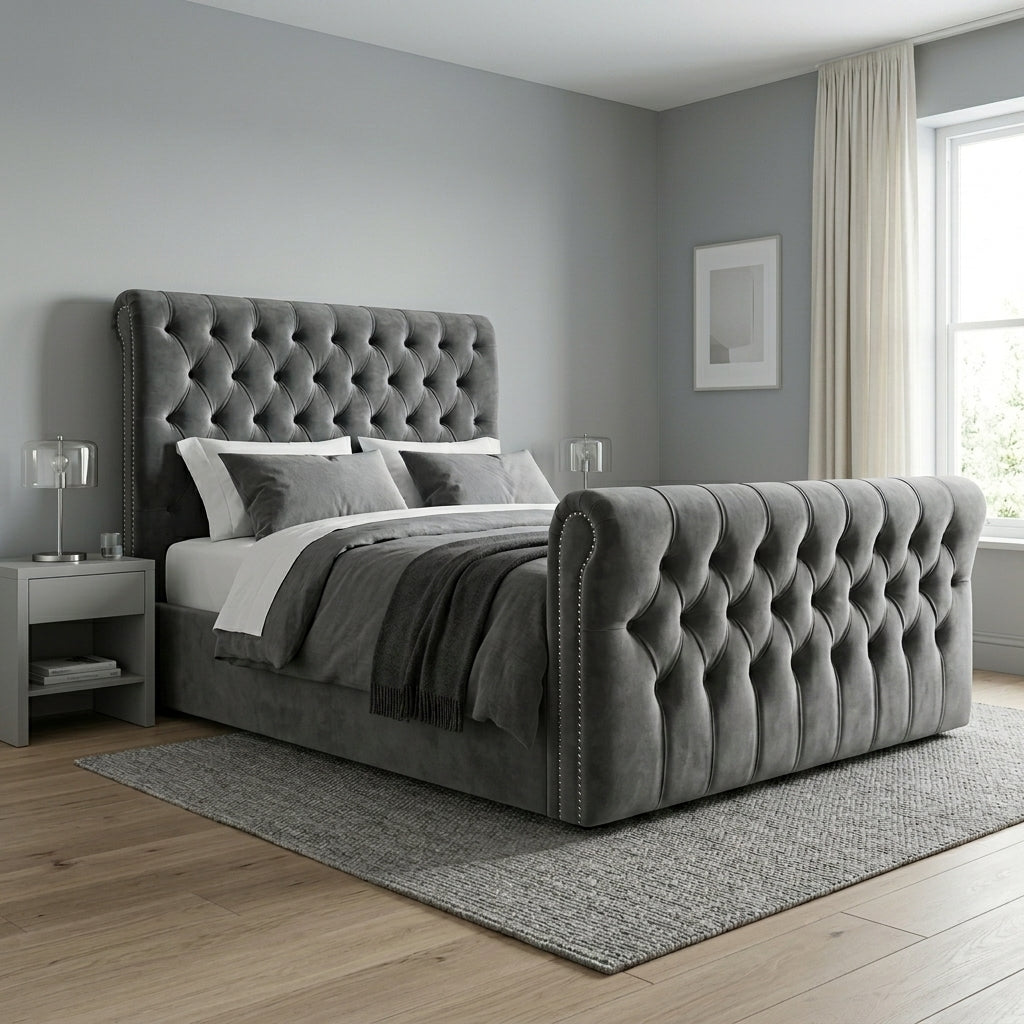 Luxurious Blue Velvet Tufted Bed Frame