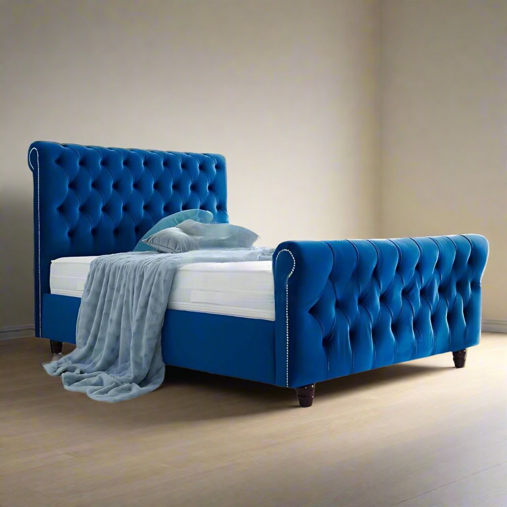 Luxurious Blue Velvet Tufted Bed Frame