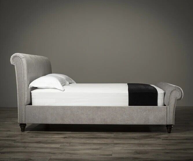 Upholstered Bed – Scroll Bed Frame – Grey Bed Frame Plush Velvet Free Delivery