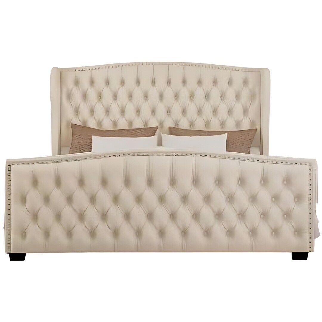 Platform Bed Frame with Wingback Headboard, Velvet Upholstered Bed Frame Cream