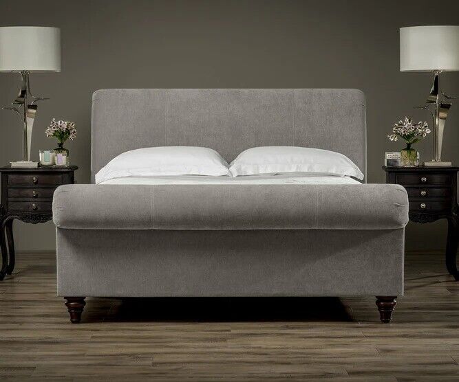 Upholstered Bed – Scroll Bed Frame – Grey Bed Frame Plush Velvet Free Delivery