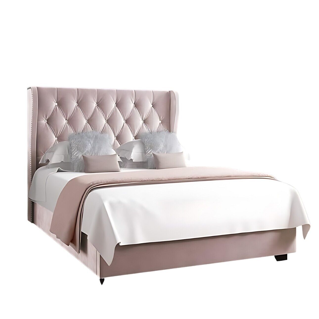 Ottoman Bed Frame with Diamante Wing Back in Upholstery Pink Velvet