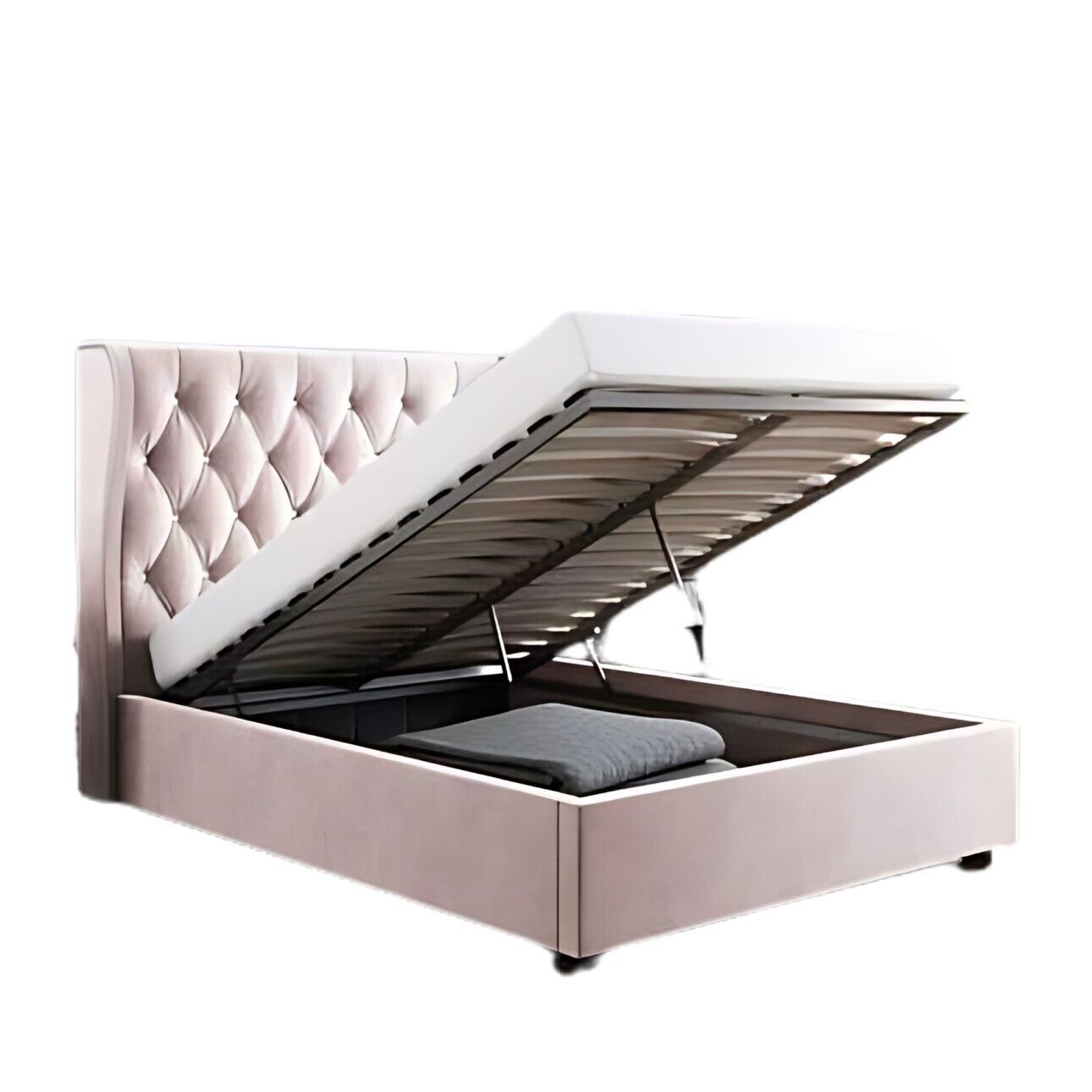 Ottoman Bed Frame with Diamante Wing Back in Upholstery Pink Velvet