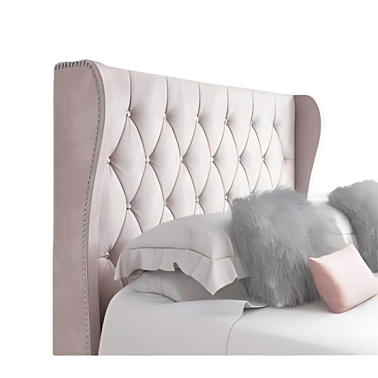 Ottoman Bed Frame with Diamante Wing Back in Upholstery Pink Velvet